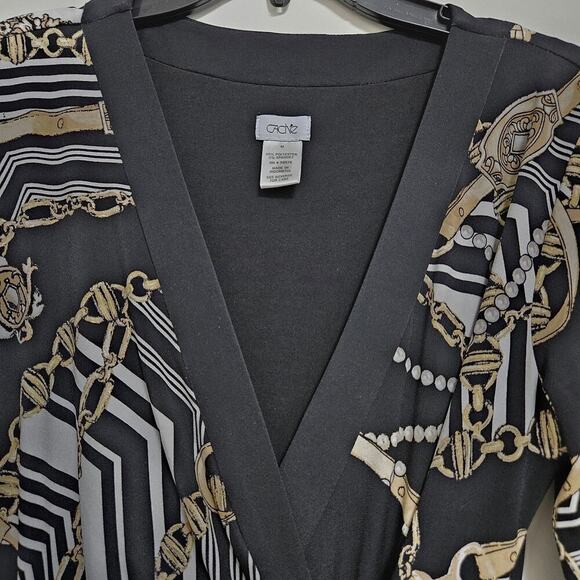 Cache Faux Wrap Dress Size M Chain Pearl Print Black Deep V Stretch 3/4 Sleeve - Picture 3 of 10